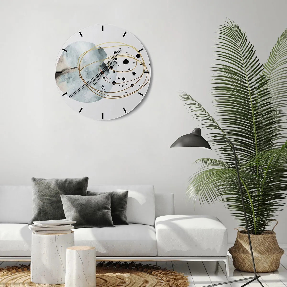 Ceas de perete - Ceas pe sticlă - Linii aurii abstracte și puncte negre pe un fundal deschis - 30x30cm - În îmbrățișarea spațiului - Decorațiune modernă pentru perete pentru living, bucătărie și dormitor ARTTOR