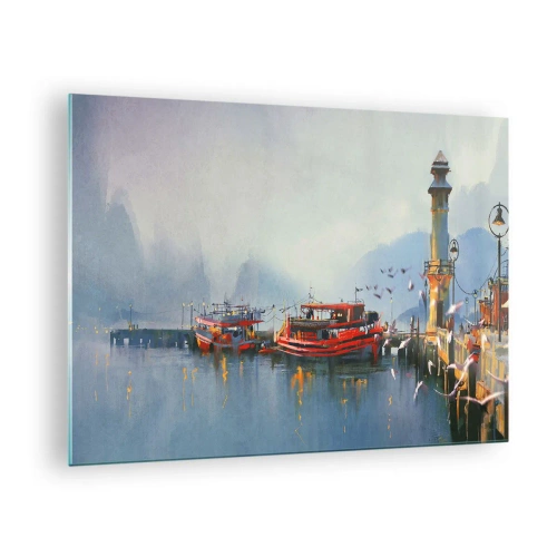 Tablou pe sticlă - Un port cu bărci roșii, un far și păsări pe fundalul munților - 70x50cm - La capătul lumii - Decorațiune modernă pentru perete pentru living și dormitor ARTTOR