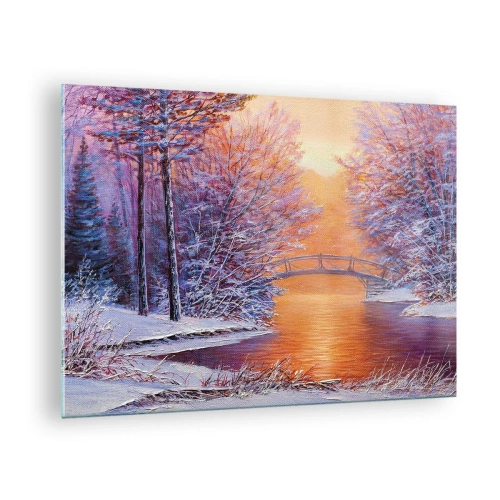Tablou pe sticlă - Peisaj de iarnă cu un pod și copaci acoperiți de zăpadă la apus - 70x50cm - Hai să ne întâlnim aici - Decorațiune modernă pentru perete pentru living și dormitor ARTTOR