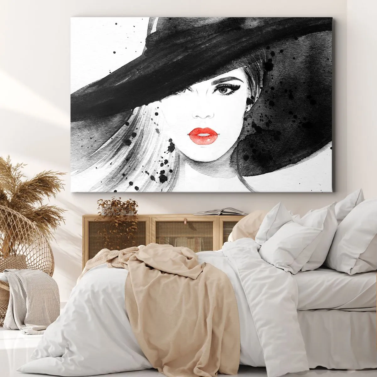 Tablou pe pânză Canvas - Portretul unei femei cu o pălărie și buze roșii - 70x50cm - Doamna în negru - Decorațiune modernă pentru perete pentru living și dormitor ARTTOR
