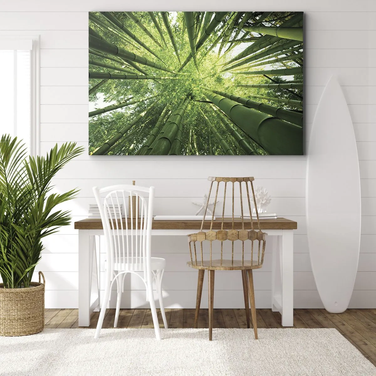 Tablou pe pânză Canvas - Vedere în sus printr-o dumbravă verde de bambus - 70x50cm - Într-o pădure de bambus - Decorațiune modernă pentru perete pentru living și dormitor ARTTOR