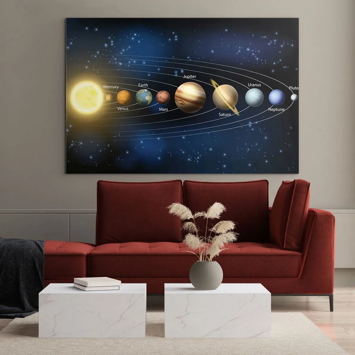Tablou pe sticlă - Sistemul solar cu planete și stele în fundal - 70x50cm - Una din zece - Decorațiune modernă pentru perete pentru living și dormitor ARTTOR