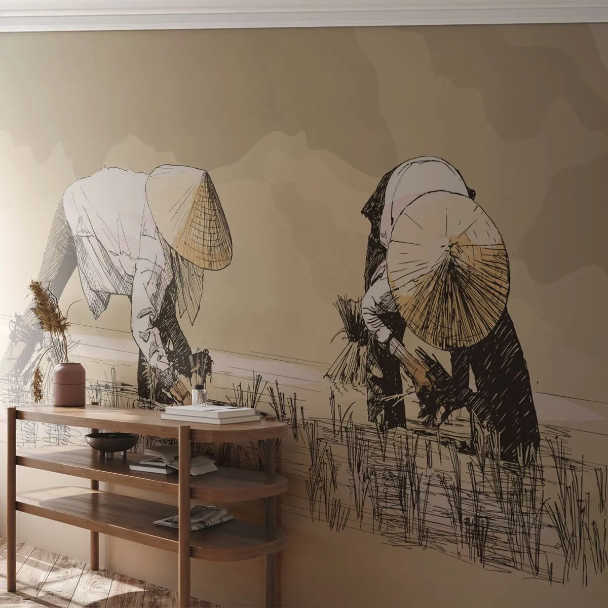 Tapet Premium Sand - O recoltă reușită - Asia, Plantația de orez, Câmp de orez - 100x70 cm