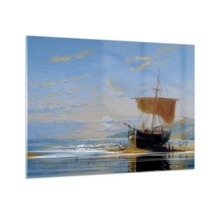 Tablou pe sticlă - O navă cu o velă lângă țărm într-un stil pictural - 70x50cm - Apă, pământ, aer - Decorațiune modernă pentru perete pentru living și dormitor ARTTOR