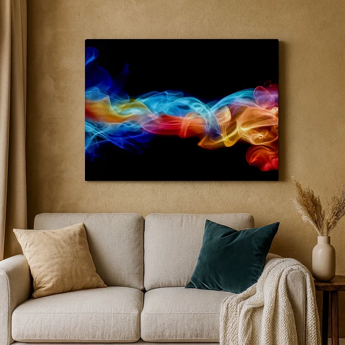 Tablou pe pânză Canvas - Fum colorat pe fundal negru - 70x50cm - Dansul curcubeului în brumă - Decorațiune modernă pentru perete pentru living și dormitor ARTTOR