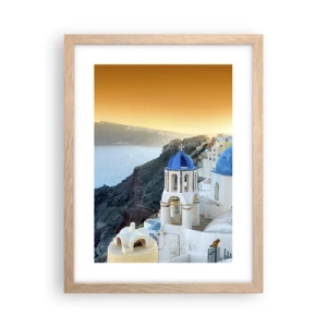 Poster în ramă de stejar deschis - Santorini - îmbrățișat de stânci - 30x40 cm