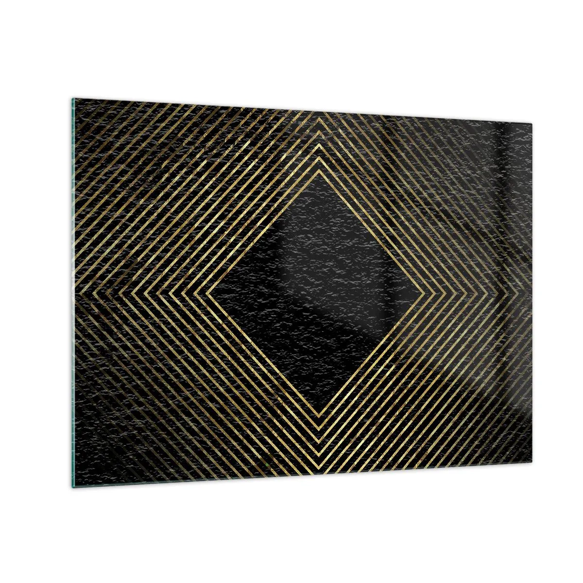 Tablou pe sticlă - Diamant de aur cu linii geometrice pe fundal negru - 70x50cm - Geometrie în stil glamour - Decorațiune modernă pentru perete pentru living și dormitor ARTTOR