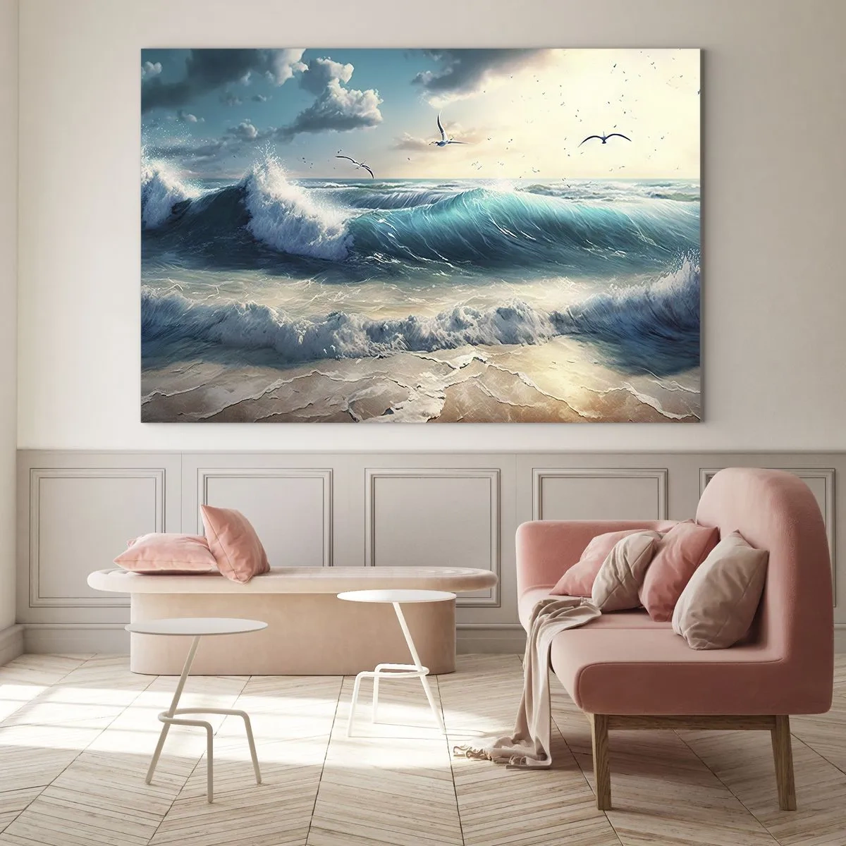 Tablou pe sticlă - Valuri care se izbesc de țărm în lumina dimineții - 70x50cm - Sunetul valurilor doar pentru tine - Decorațiune modernă pentru perete pentru living și dormitor ARTTOR