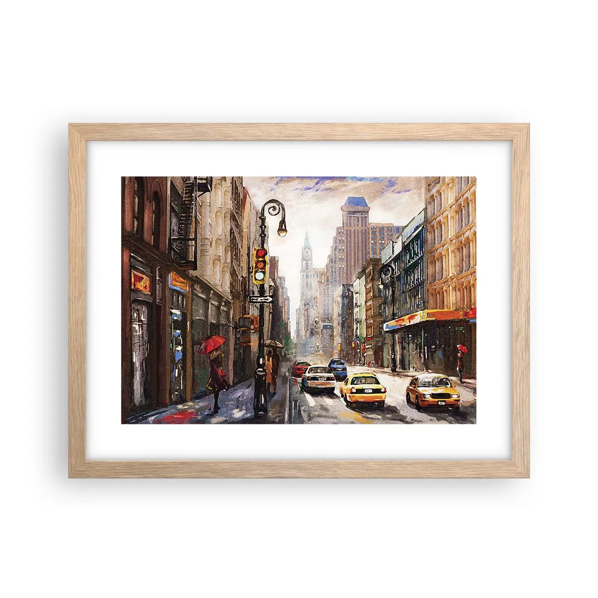 Poster în ramă de stejar deschis - New York - plin de culoare și în ploaie - 40x30 cm