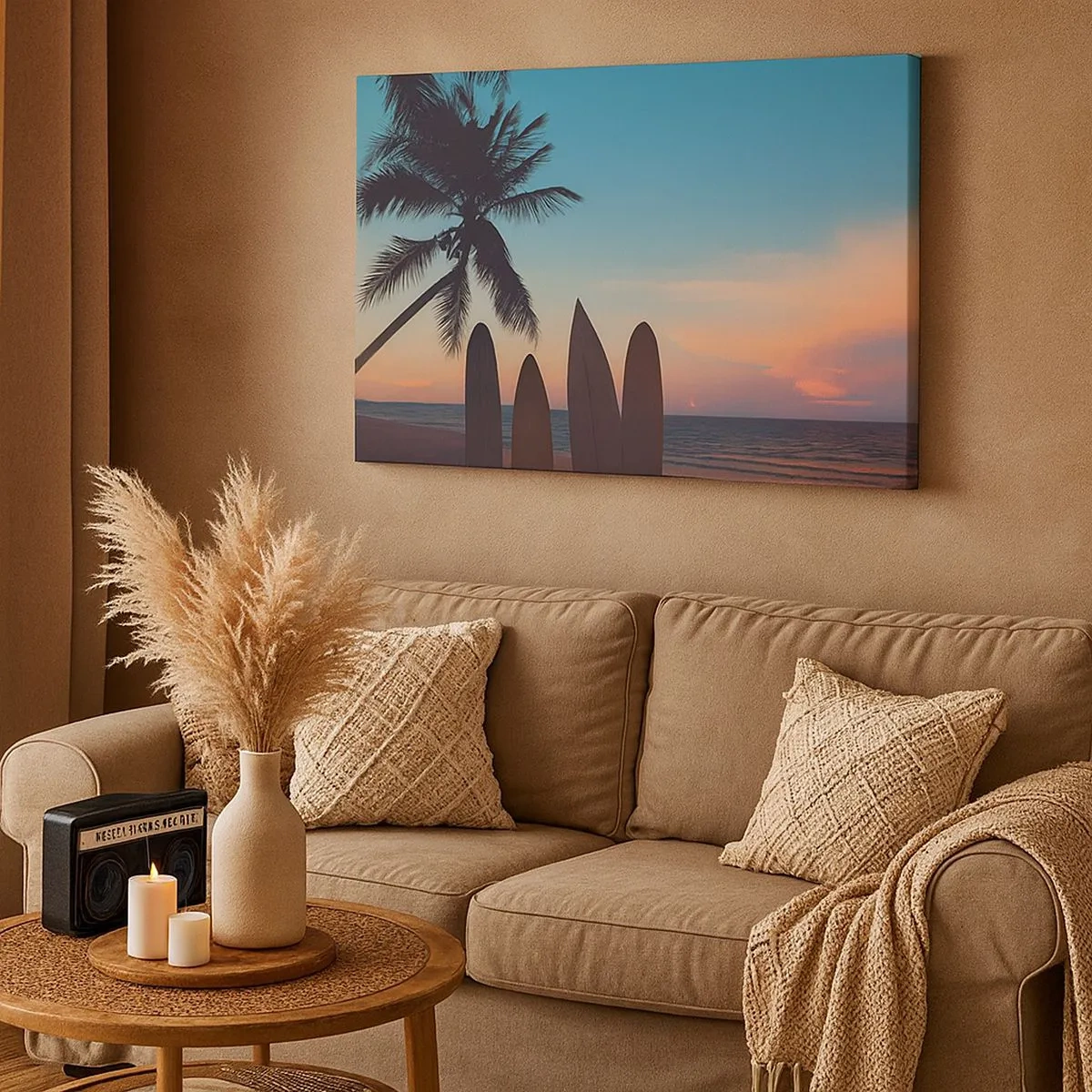 Tablou pe pânză Canvas - Plăci de surf pe fundalul unui palmier și al unui apus de soare - 70x50cm - Și mâine ne vom distra - Decorațiune modernă pentru perete pentru living și dormitor ARTTOR