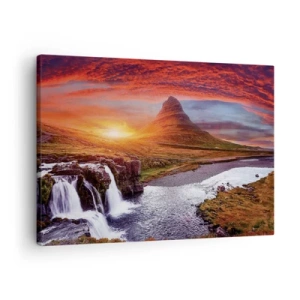 Tablou pe pânză Canvas - Peisaj montan cu o cascadă la apus - 70x50cm - Imaginea Pământului de Mijloc - Decorațiune modernă pentru perete pentru living și dormitor ARTTOR