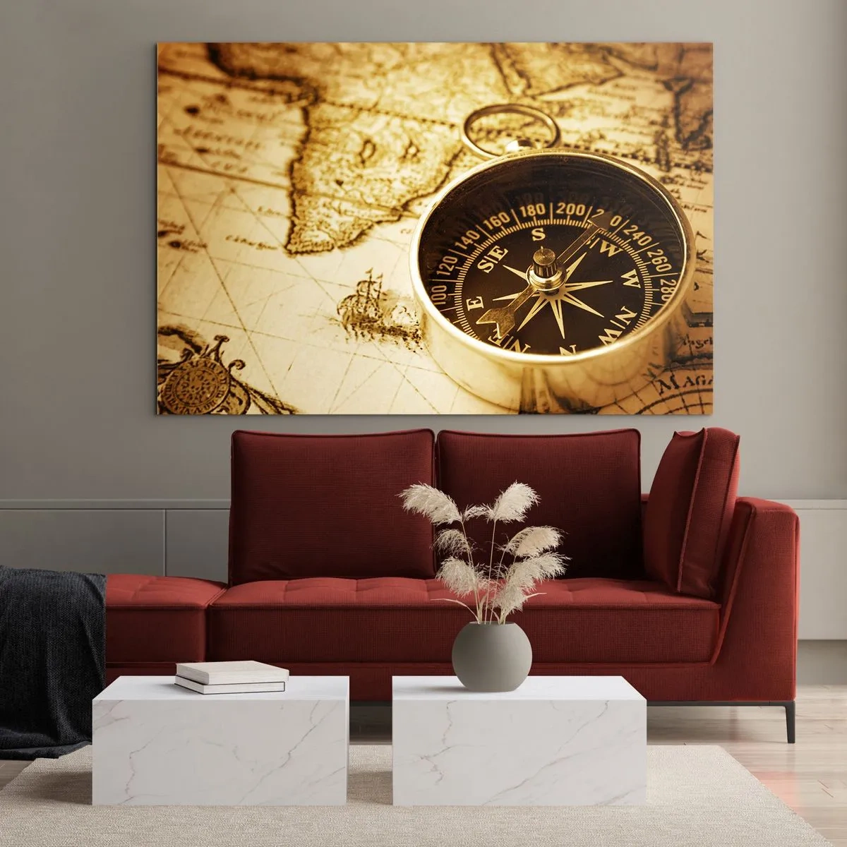 Tablou pe sticlă - O busolă de aur pe fundalul unei hărți vechi - 70x50cm - Est sau vest? - Decorațiune modernă pentru perete pentru living și dormitor ARTTOR