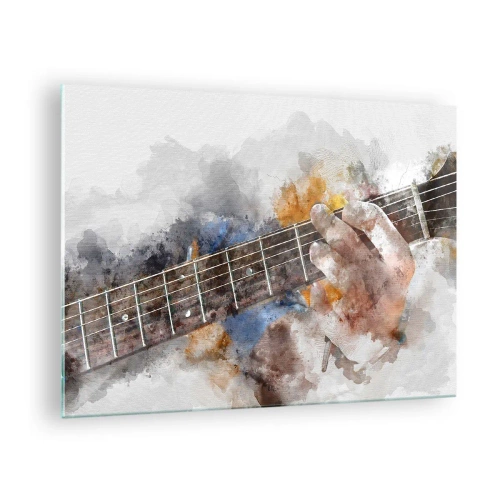 Tablou pe sticlă - Motiv în acuarelă al unei mâini cântând la chitară - 70x50cm - Poezie între corzi - Decorațiune modernă pentru perete pentru living și dormitor ARTTOR