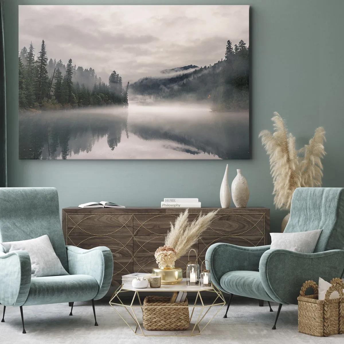 Tablou pe pânză Canvas - O pădure învăluită în ceață reflectată într-un lac liniștit - 70x50cm - În reverie, în ceață - Decorațiune modernă pentru perete pentru living și dormitor ARTTOR