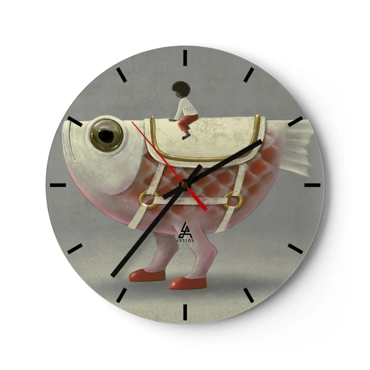 Ceas de perete - Ceas pe sticlă - O figură pe un pește mare cu o șa și cizme pe un fundal gri - 30x30cm - Călărețul Pescărel - Decorațiune modernă pentru perete pentru living, bucătărie și dormitor ARTTOR