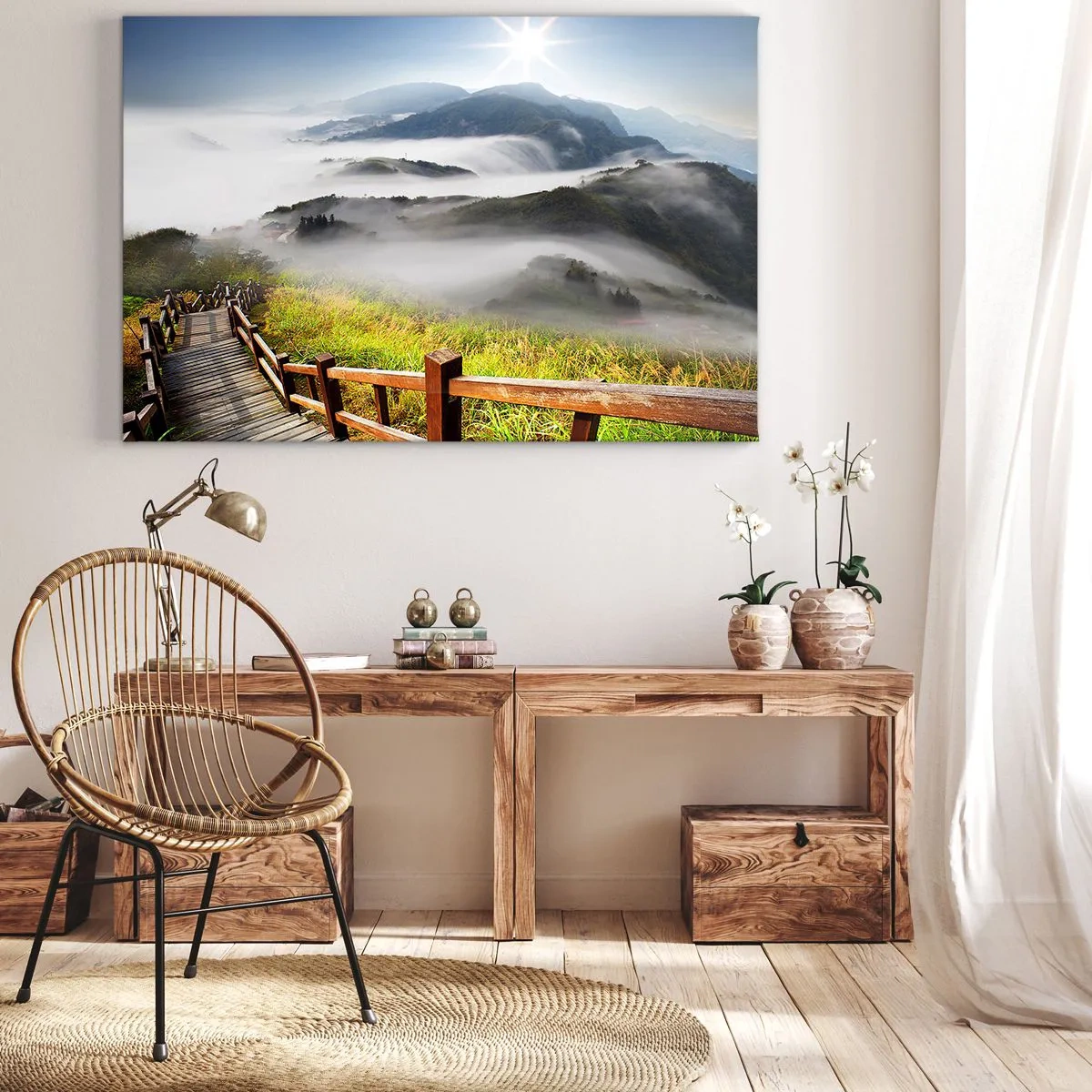 Tablou pe pânză Canvas - O potecă de lemn printre munții încețoșați dimineața - 70x50cm - Țesut de strălucire și ceață - Decorațiune modernă pentru perete pentru living și dormitor ARTTOR