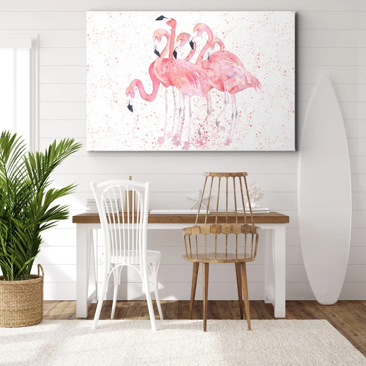 Tablou pe pânză Canvas - Flamingi roz într-un stil artistic de acuarelă - 70x50cm - Ansamblul roz - Decorațiune modernă pentru perete pentru living și dormitor ARTTOR