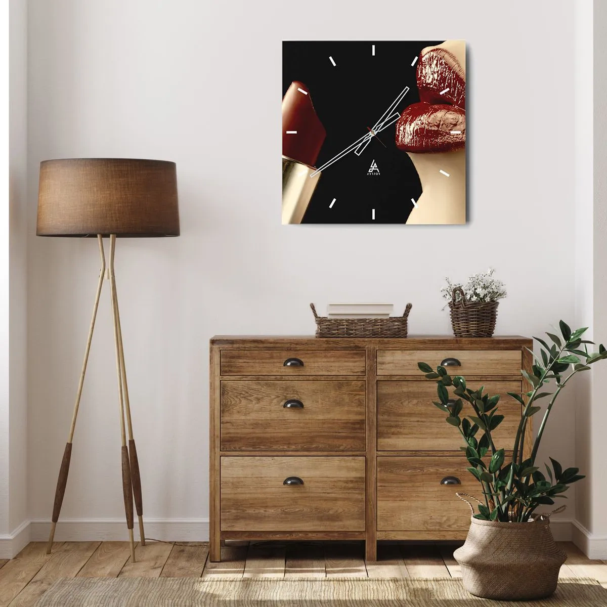 Ceas de perete - Ceas pe sticlă - Senzualitatea și strălucirea carminului - 40x40 cm