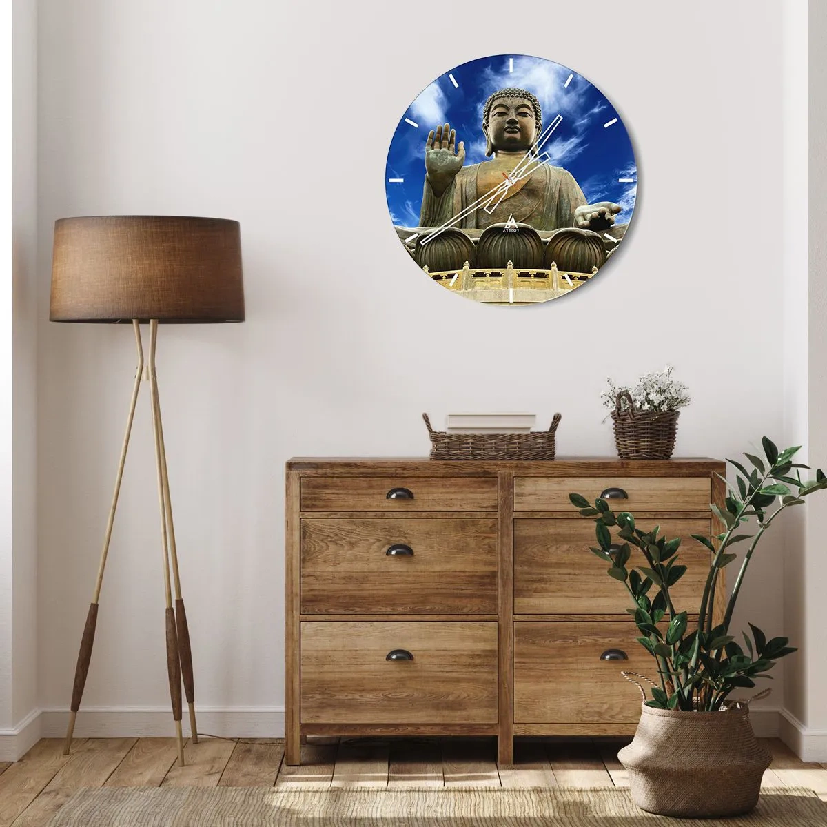 Ceas de perete - Ceas pe sticlă - O statuie monumentală a lui Buddha pe fundalul cerului albastru - 30x30cm - Trăiește fără teamă - Decorațiune modernă pentru perete pentru living, bucătărie și dormitor ARTTOR