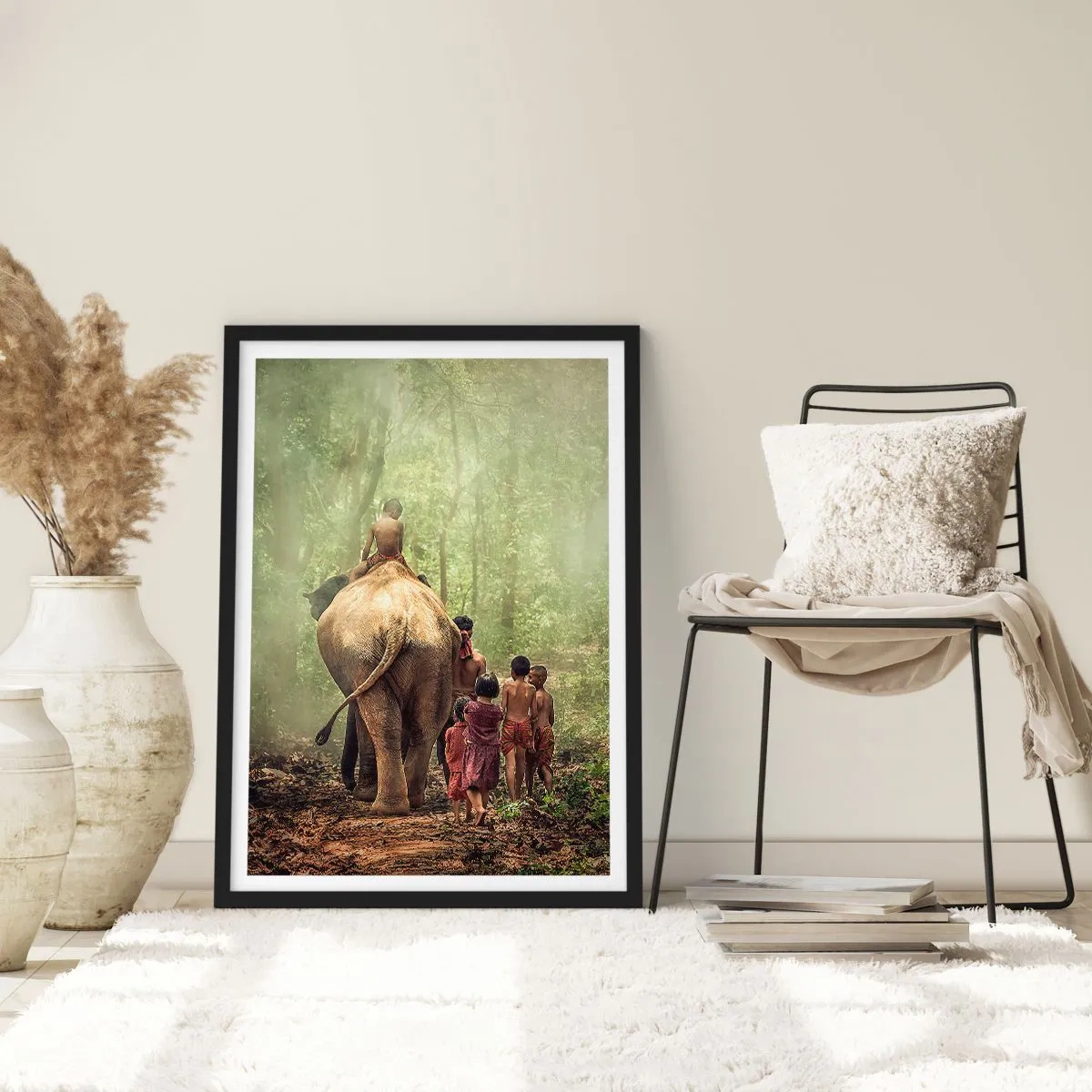 Poster în ramă neagră - Copii și un elefant în pădurea tropicală - 50x70cm - Noua Carte a Junglei - Decorațiune modernă pentru perete pentru living și dormitor ARTTOR