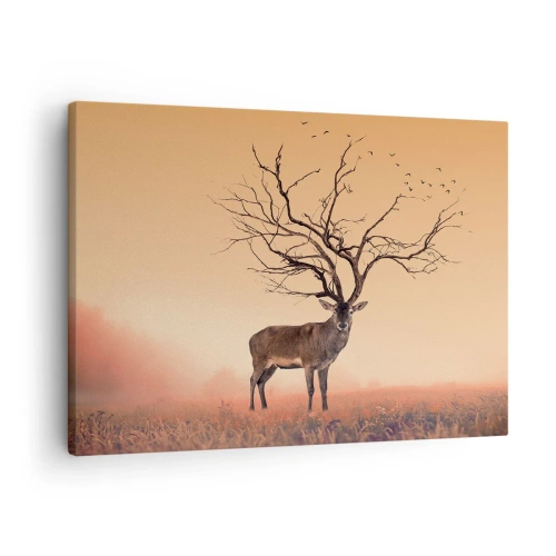 Tablou pe pânză Canvas - O grafică elegantă cu un cerb, cu ramuri în loc de coarne - 70x50cm - Cerbul străvechi - spiritul etern al pădurii - Decorațiune modernă pentru perete pentru living și dormitor ARTTOR