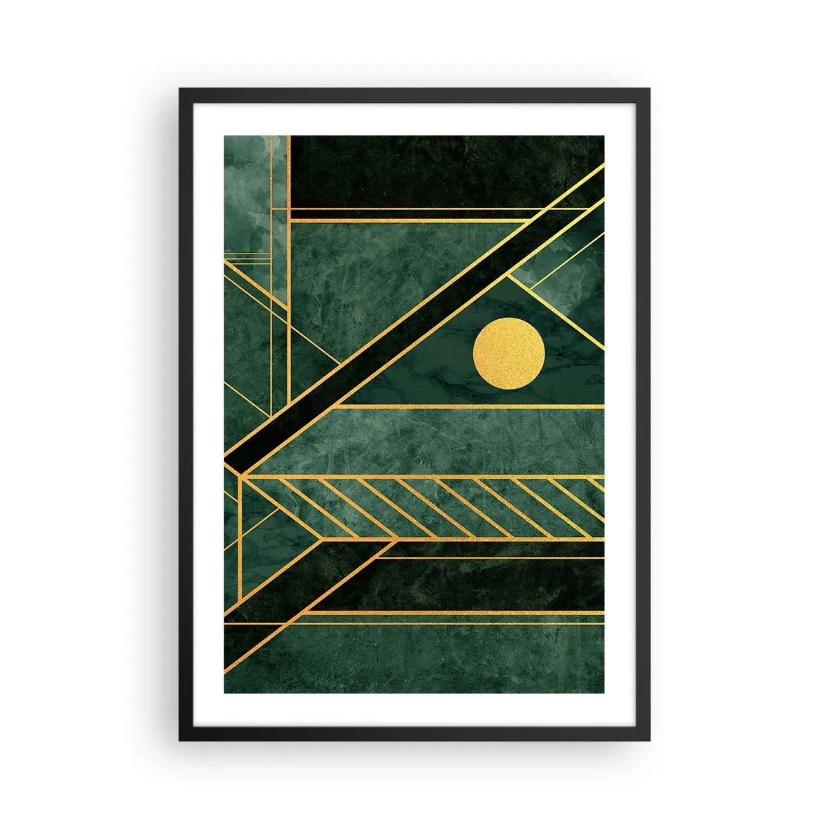 Poster în ramă neagră - Abstracție geometrică în verde cu accente aurii - 50x70cm - Dinamica aurului și a azurului - Decorațiune modernă pentru perete pentru living și dormitor ARTTOR
