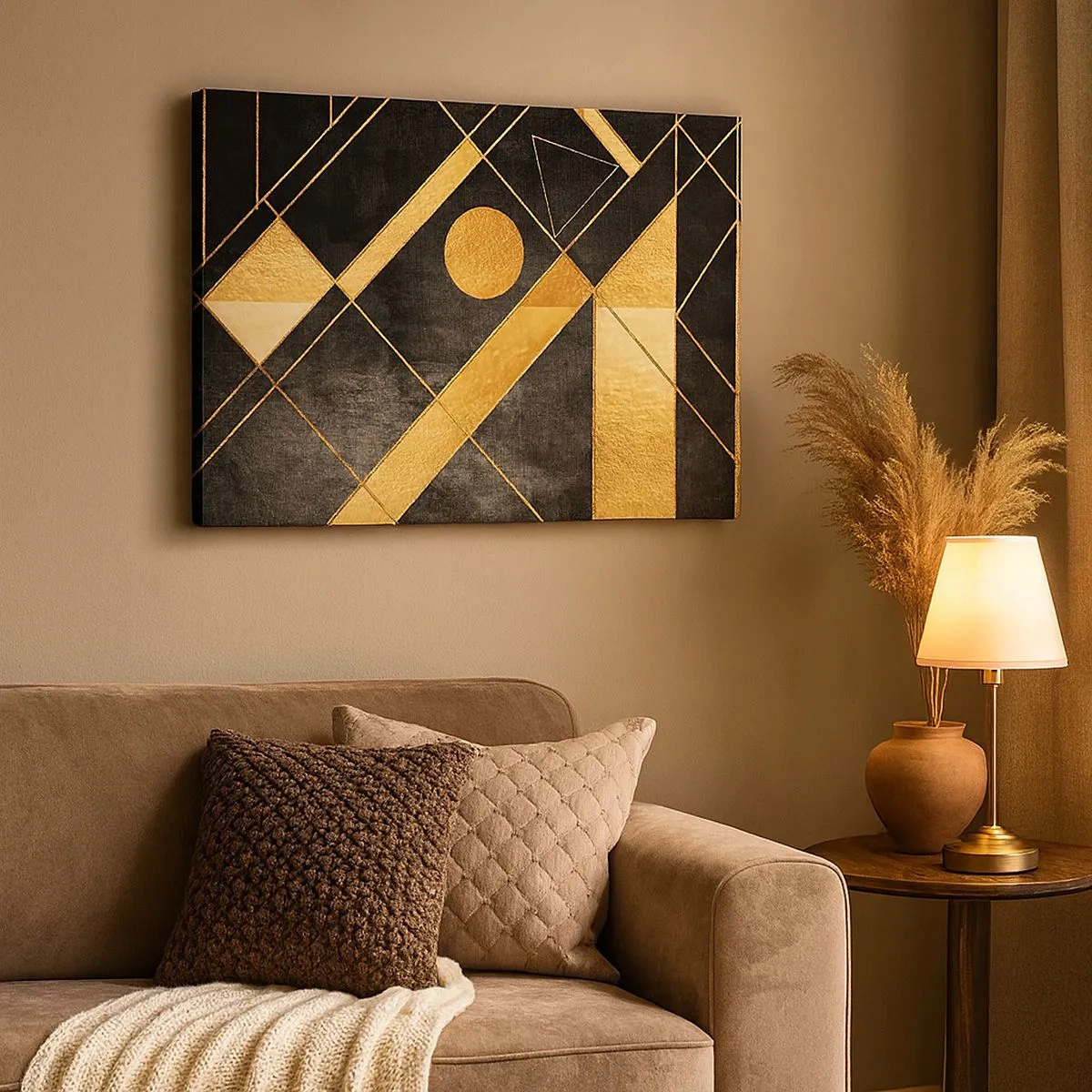 Tablou pe pânză Canvas - Forme geometrice în tonuri de auriu și negru - 70x50cm - Soarele deșertului - Decorațiune modernă pentru perete pentru living și dormitor ARTTOR
