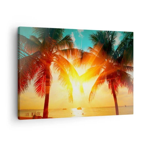 Tablou pe pânză Canvas - Palmieri iluminați de lumina caldă a soarelui apus - 70x50cm - Cuplu exotic - Decorațiune modernă pentru perete pentru living și dormitor ARTTOR