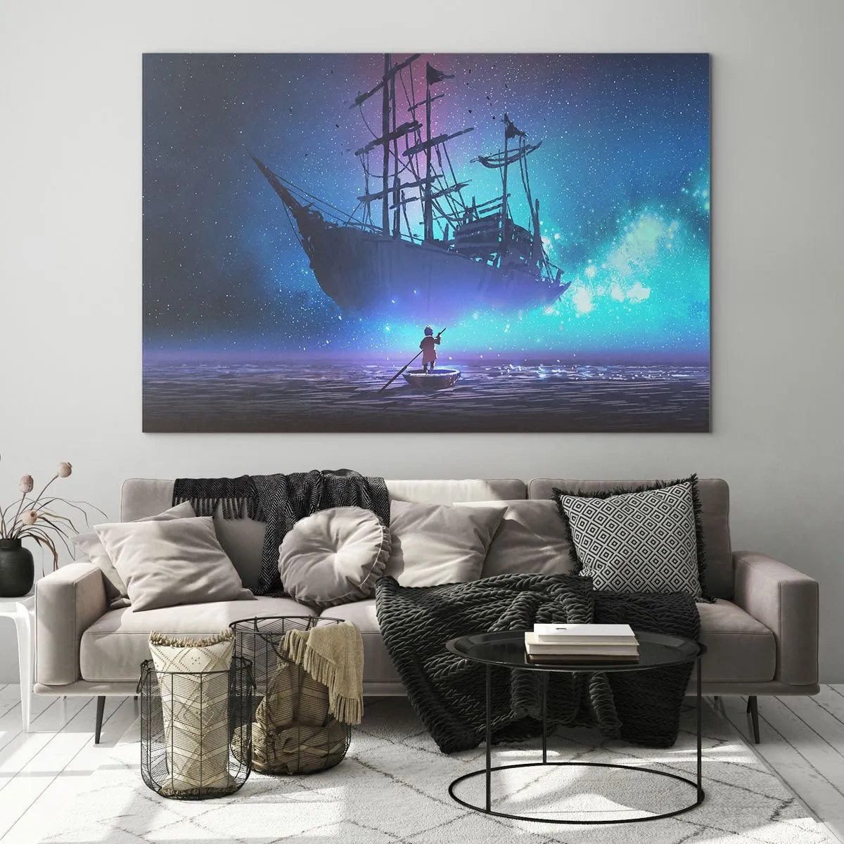 Tablou pe sticlă - O navă nocturnă plutind deasupra apei într-o aură magică - 70x50cm - Întâlnirea cu mitul mării - Decorațiune modernă pentru perete pentru living și dormitor ARTTOR