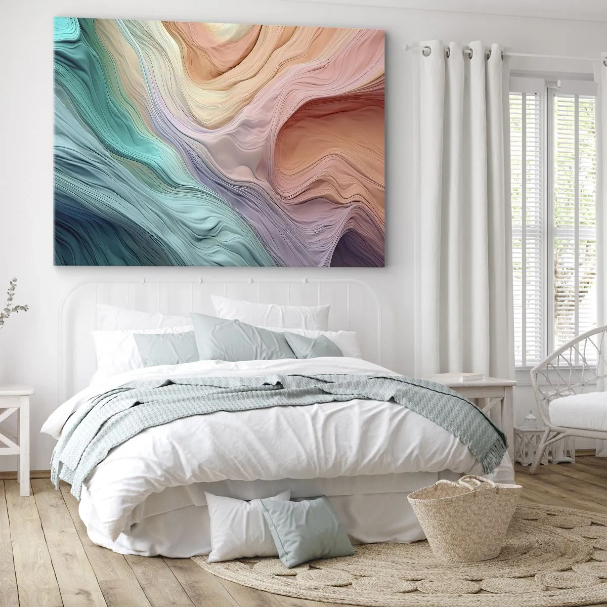 Tablou pe pânză Canvas - Valuri abstracte în culori pastelate și curcubeu - 70x50cm - Valul curcubeu - Decorațiune modernă pentru perete pentru living și dormitor ARTTOR