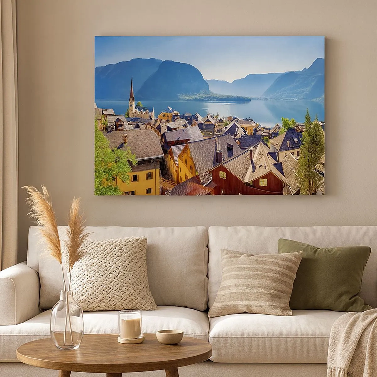 Tablou pe pânză Canvas - Un sat pitoresc pe malul unui lac, înconjurat de munți, într-o zi însorită - 70x50cm - Nici că se putea mai pitoresc - Decorațiune modernă pentru perete pentru living și dormitor ARTTOR