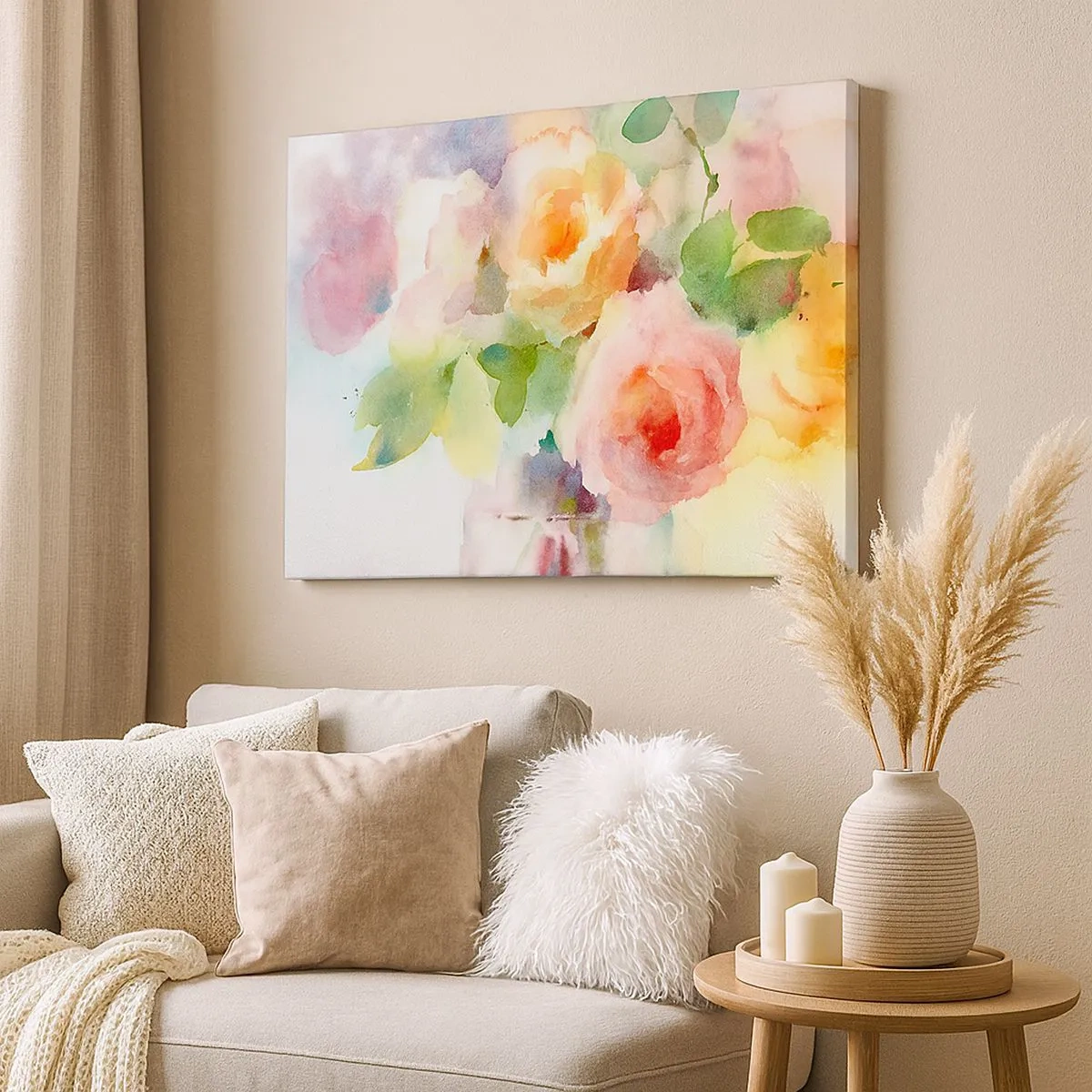 Tablou pe pânză Canvas - Trandafiri delicați în stil acuarelă pe un fundal deschis - 70x50cm - Delicat ca o acuarelă - Decorațiune modernă pentru perete pentru living și dormitor ARTTOR