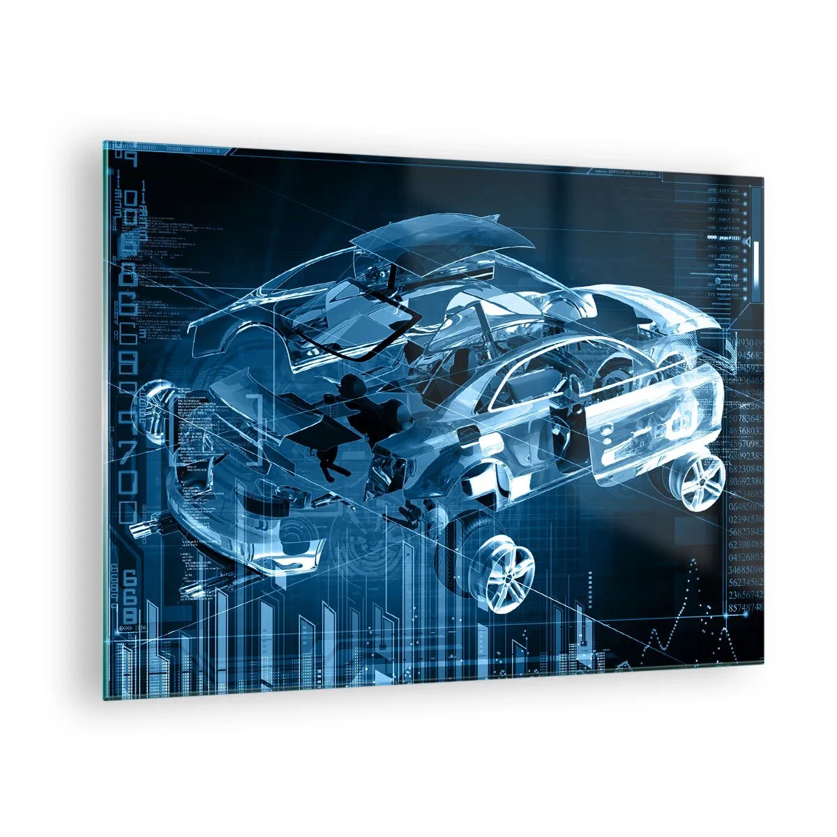 Tablou pe sticlă - Diagrama tehnologică a unei mașini în stil futurist - 70x50cm - Anatomie inginerească - Decorațiune modernă pentru perete pentru living și dormitor ARTTOR