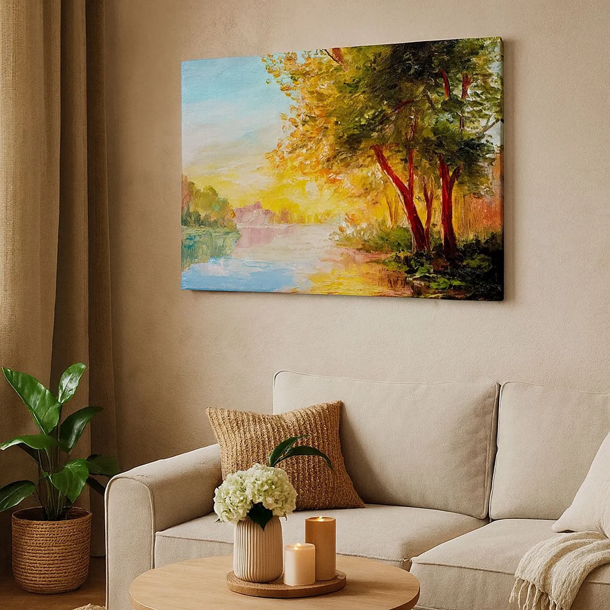Tablou pe pânză Canvas - Un peisaj pitoresc cu un râu și copaci la apus - 70x50cm - Et in Arcadia ego - Decorațiune modernă pentru perete pentru living și dormitor ARTTOR