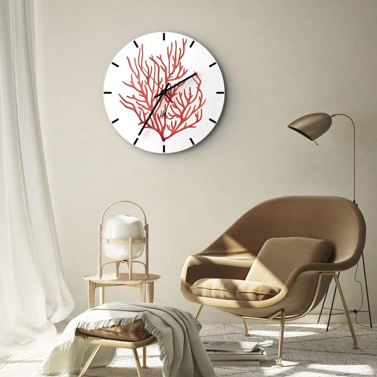 Ceas de perete - Ceas pe sticlă - Desen roșu de coral pe fundal alb - 30x30cm - Coral filigranat - Decorațiune modernă pentru perete pentru living, bucătărie și dormitor ARTTOR