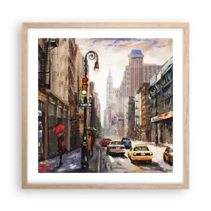 Poster în ramă de stejar deschis - New York - plin de culoare și în ploaie - 50x50 cm