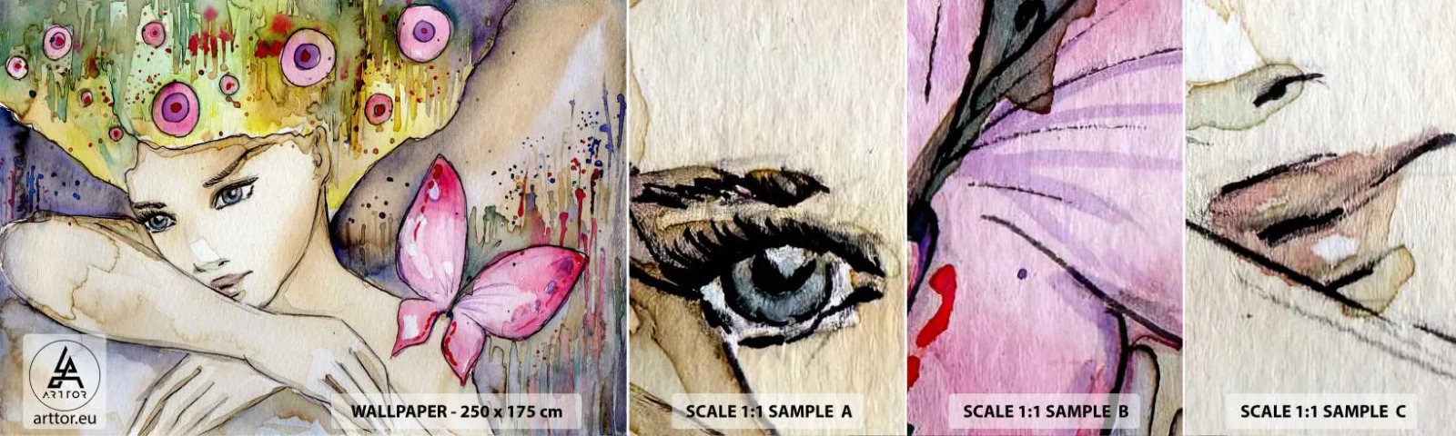 Mostră tapet autocolant Deluxe Sticker - Prințesa fluture - Abstracția, Femeie, Acuarele - 100x30 cm