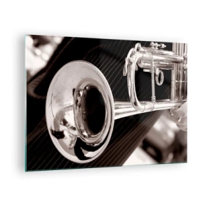 Tablou pe sticlă - Trompetă argintie pe un fundal cu dungi sepia - 70x50cm - O călătorie muzicală în anii `30 - Decorațiune modernă pentru perete pentru living și dormitor ARTTOR