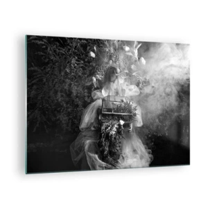Tablou pe sticlă - Femeie într-o rochie din tul cu model de cușcă și o coroană din plante în alb și negru - 70x50cm - Mama însăși - Natura - Decorațiune modernă pentru perete pentru living și dormitor ARTTOR