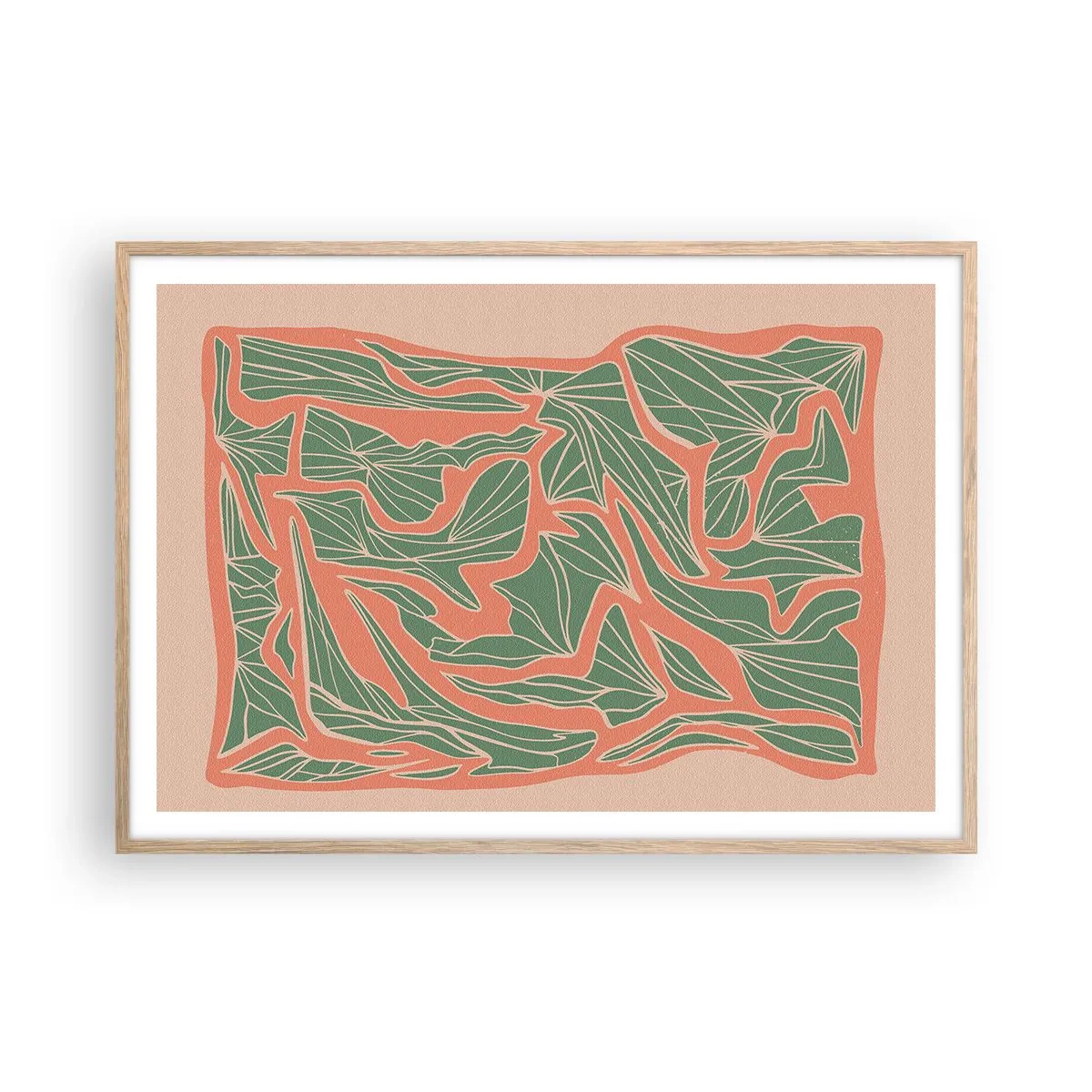 Poster în ramă de stejar deschis - Lupta dintre coral și verde - 100x70 cm