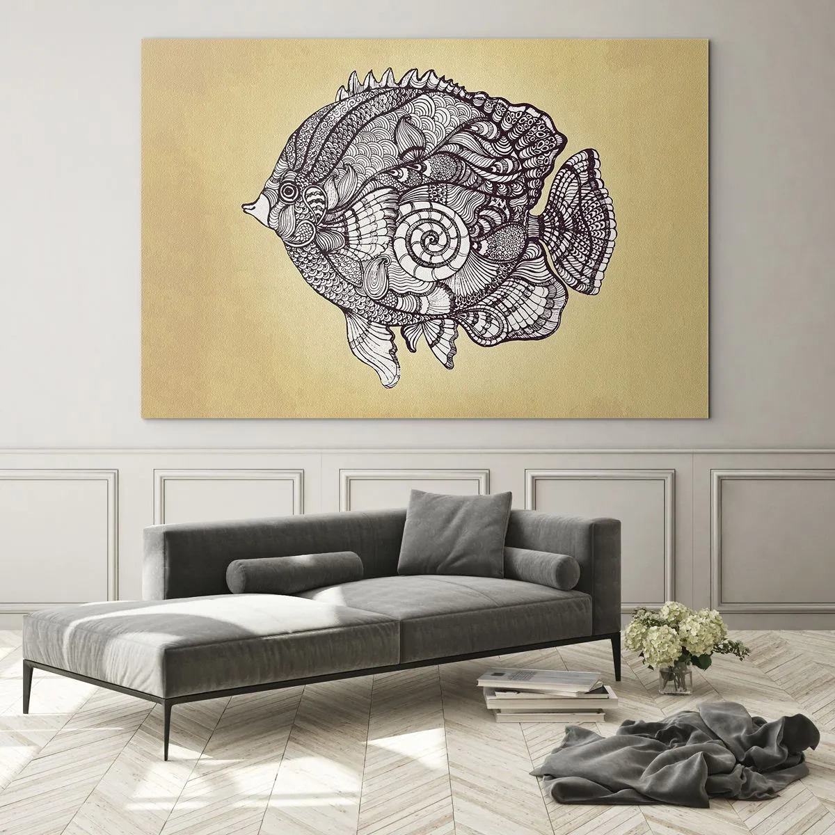 Tablou pe sticlă - Un pește de desene animate cu ornamente pe un fundal bej - 70x50cm - Dintr-un ocean de ornamente - Decorațiune modernă pentru perete pentru living și dormitor ARTTOR