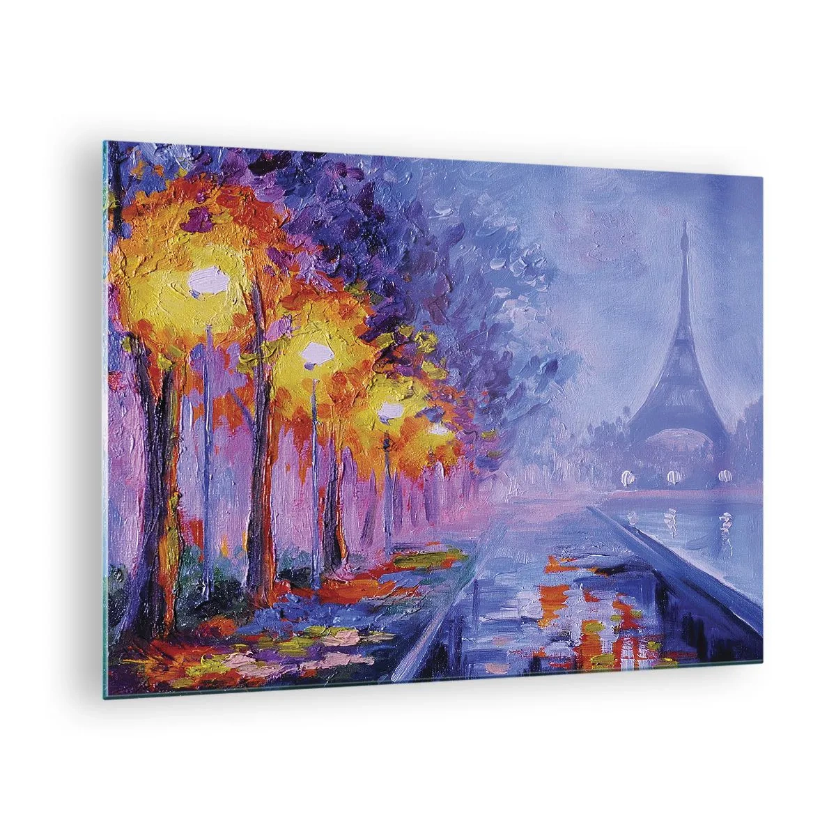 Tablou pe sticlă - Plimbare de seară în Paris cu Turnul Eiffel - 70x50cm - O plimbare de vis - Decorațiune modernă pentru perete pentru living și dormitor ARTTOR