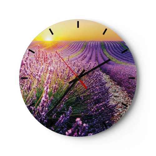 Ceas de perete - Ceas pe sticlă - Câmp de lavandă la apus cu o potecă stâncoasă - 30x30cm - Câmpul parfumat - Decorațiune modernă pentru perete pentru living, bucătărie și dormitor ARTTOR