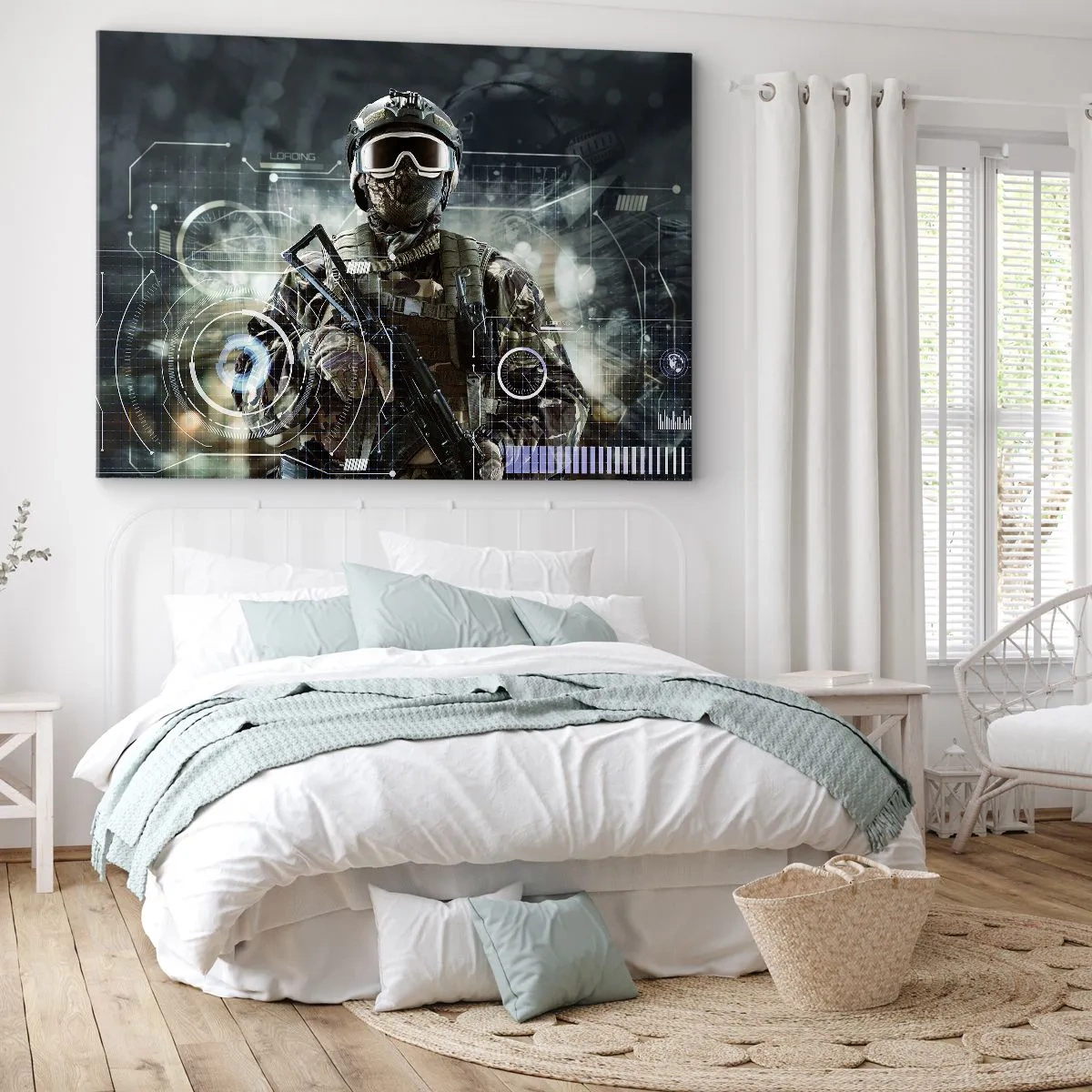 Tablou pe pânză Canvas - Un soldat într-o cască futuristă cu o armă în fundalul tehnologiei. - 70x50cm - Putere la putere - Decorațiune modernă pentru perete pentru living și dormitor ARTTOR