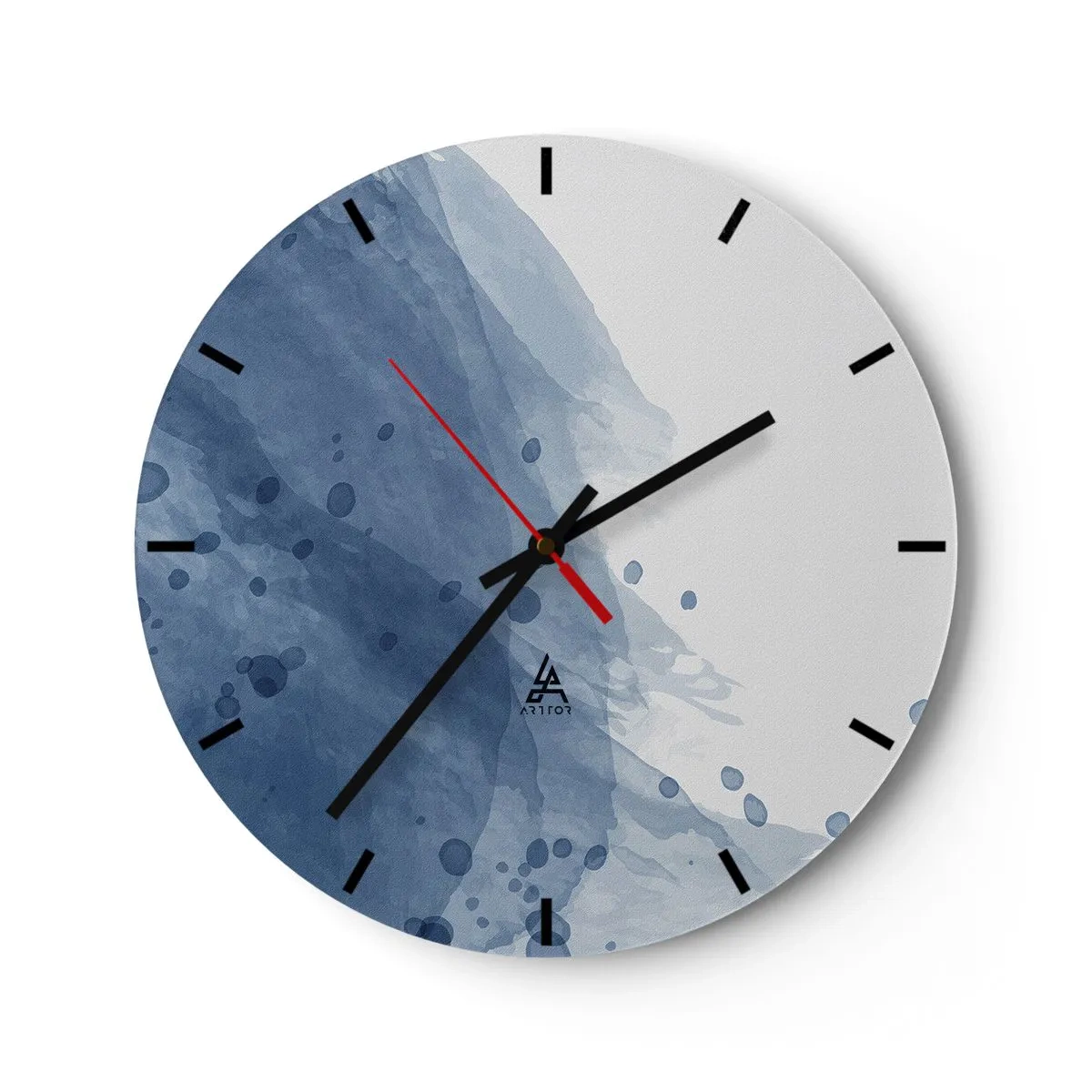 Ceas de perete - Ceas pe sticlă - Compoziție abstractă cu pete albastre pe fundal alb - 30x30cm - Tul albastru - Decorațiune modernă pentru perete pentru living, bucătărie și dormitor ARTTOR