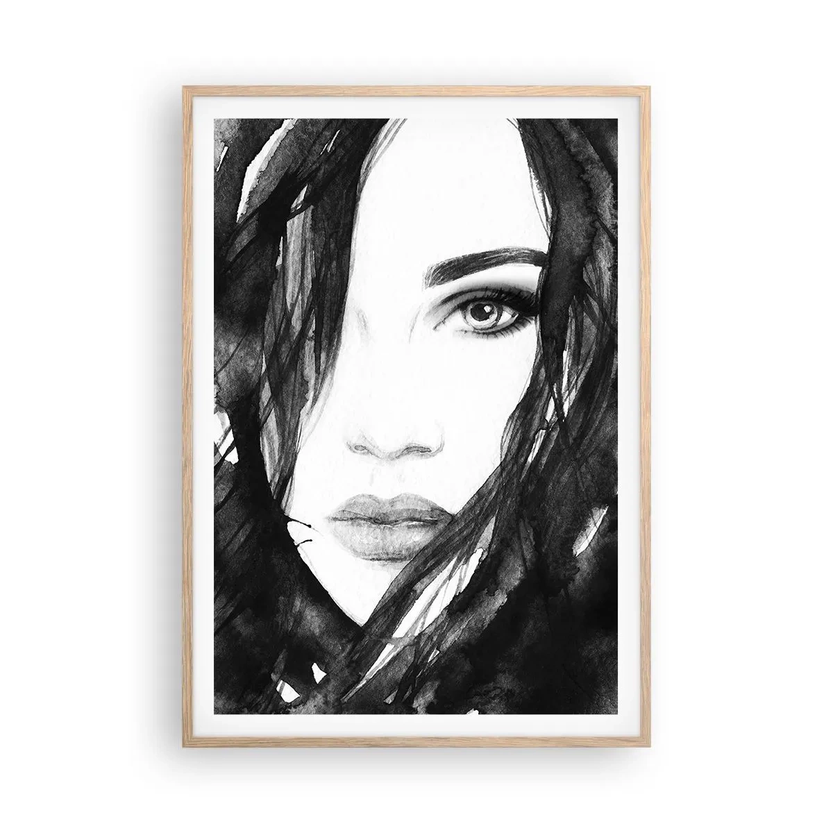 Poster în ramă de stejar deschis - Studiu unei dame în alb și negru - 70x100 cm