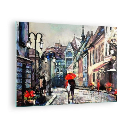 Tablou pe sticlă - Un cuplu sub o umbrelă roșie plimbându-se pe o stradă pitorească - 70x50cm - Ploaie pentru doi - Decorațiune modernă pentru perete pentru living și dormitor ARTTOR