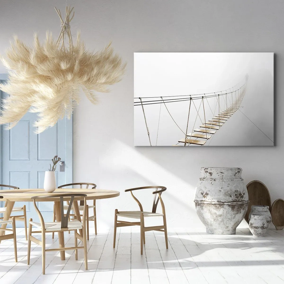 Tablou pe pânză Canvas - Un pod suspendat în ceață dintr-o perspectivă minimalistă - 70x50cm - Unde te va duce? - Decorațiune modernă pentru perete pentru living și dormitor ARTTOR