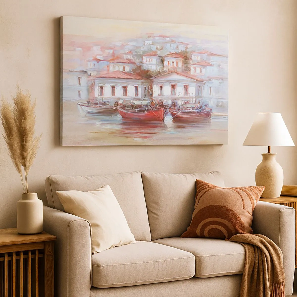 Tablou pe pânză Canvas - Bărci colorate și clădiri pitorești pe malul apei în nuanțe pastelate - 70x50cm - Orășel fericit - Decorațiune modernă pentru perete pentru living și dormitor ARTTOR