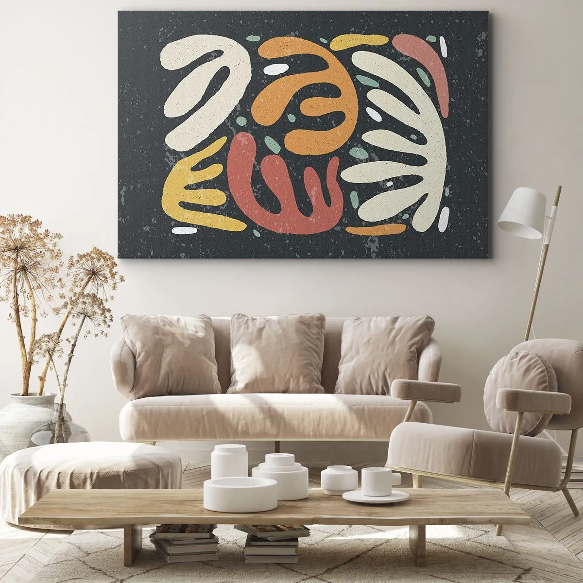 Tablou pe pânză Canvas - Forme abstracte în culori calde pe un fundal întunecat - 70x50cm - Compoziție - te-am prins - Decorațiune modernă pentru perete pentru living și dormitor ARTTOR